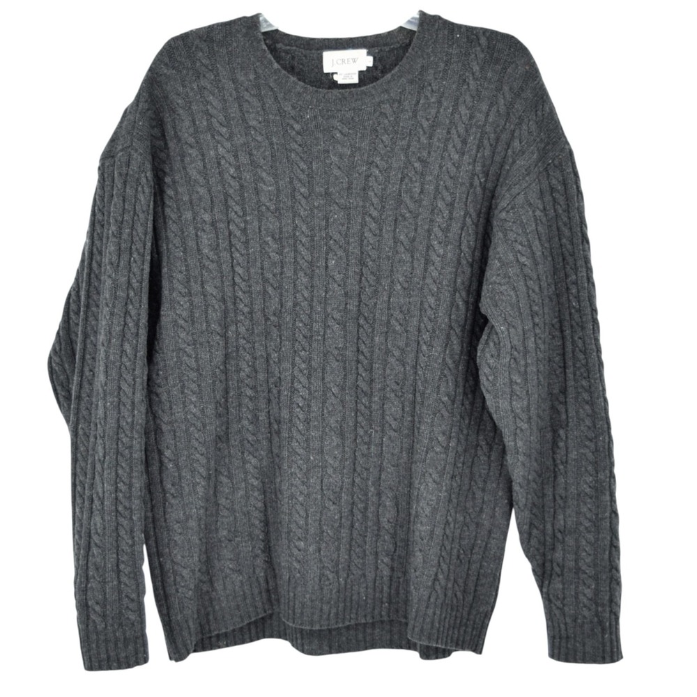 J Crew 100% Lambswool Chunky Cable Knit Fisherman Sweater Charcoal Gray Men's L